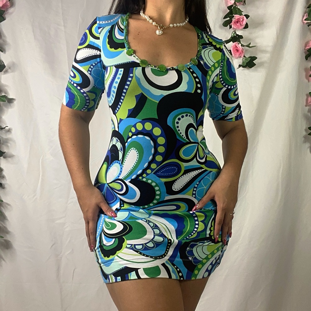 Unique Psychedelic 70s Bodycon Mini Dress